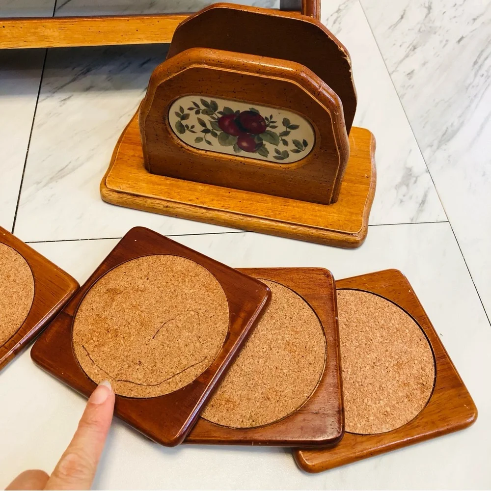 VTG Wood Countertop Trinket Shelf Spice Rack Napkin Coaster Holders Set Cottage